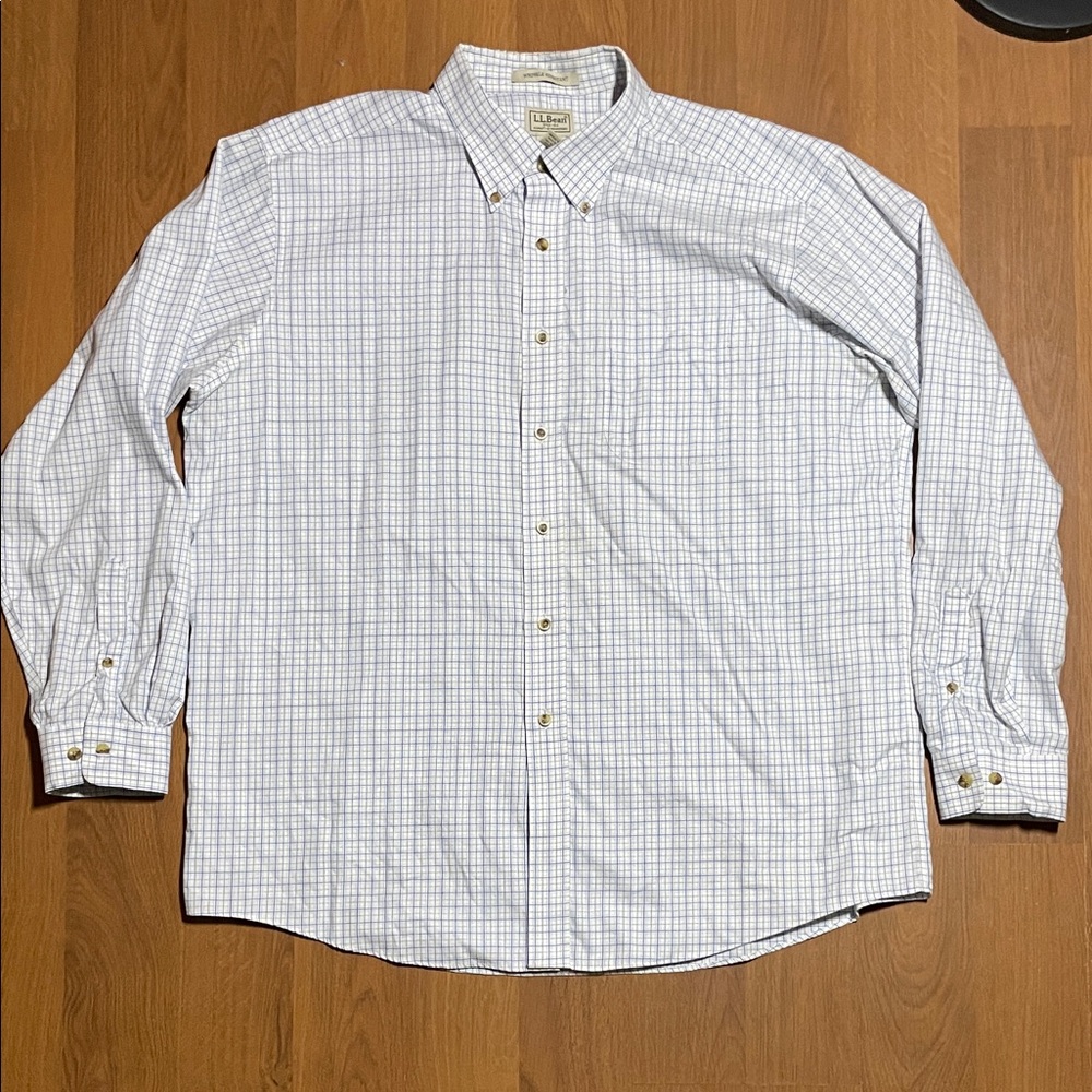 L.L. Bean Men's White and Blue Plaid Shirt
